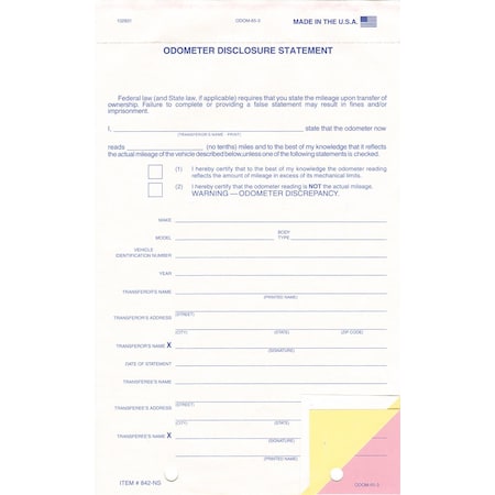 Asp Odometer Statement No Screen 3 Part, Qty 100 Pk 842-NS